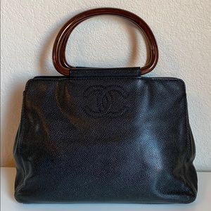 CHANEL Vintage CC black caviar top handle handbag